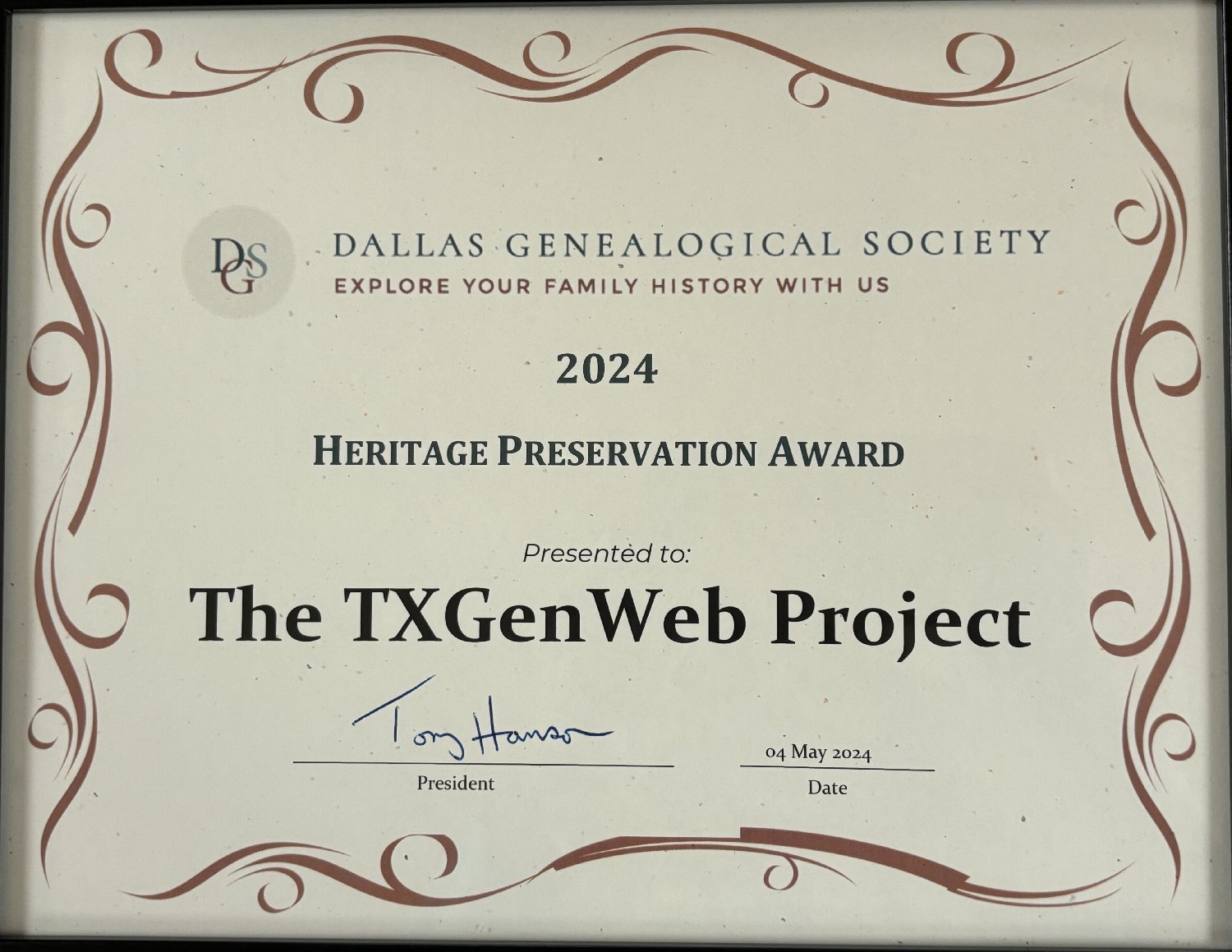 Dallas Genealogy Society's Heritage Preservation Award, 2024